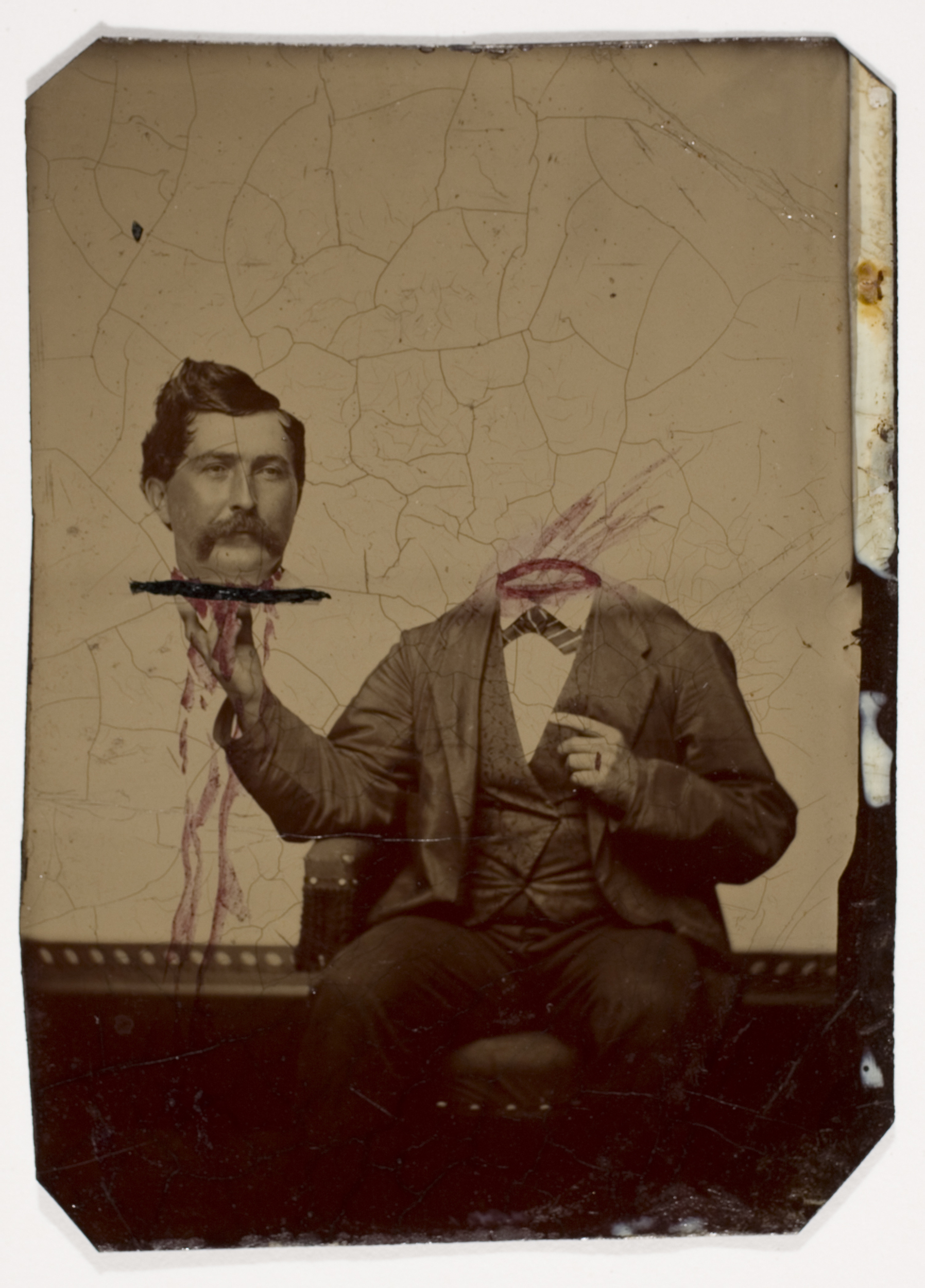 Man holding his head on a platter montaged old photo