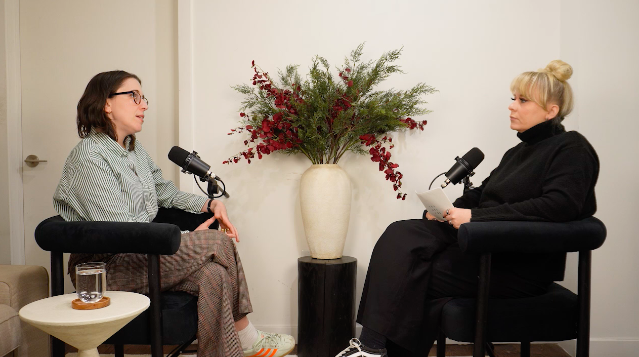 Two women in a podcast studio