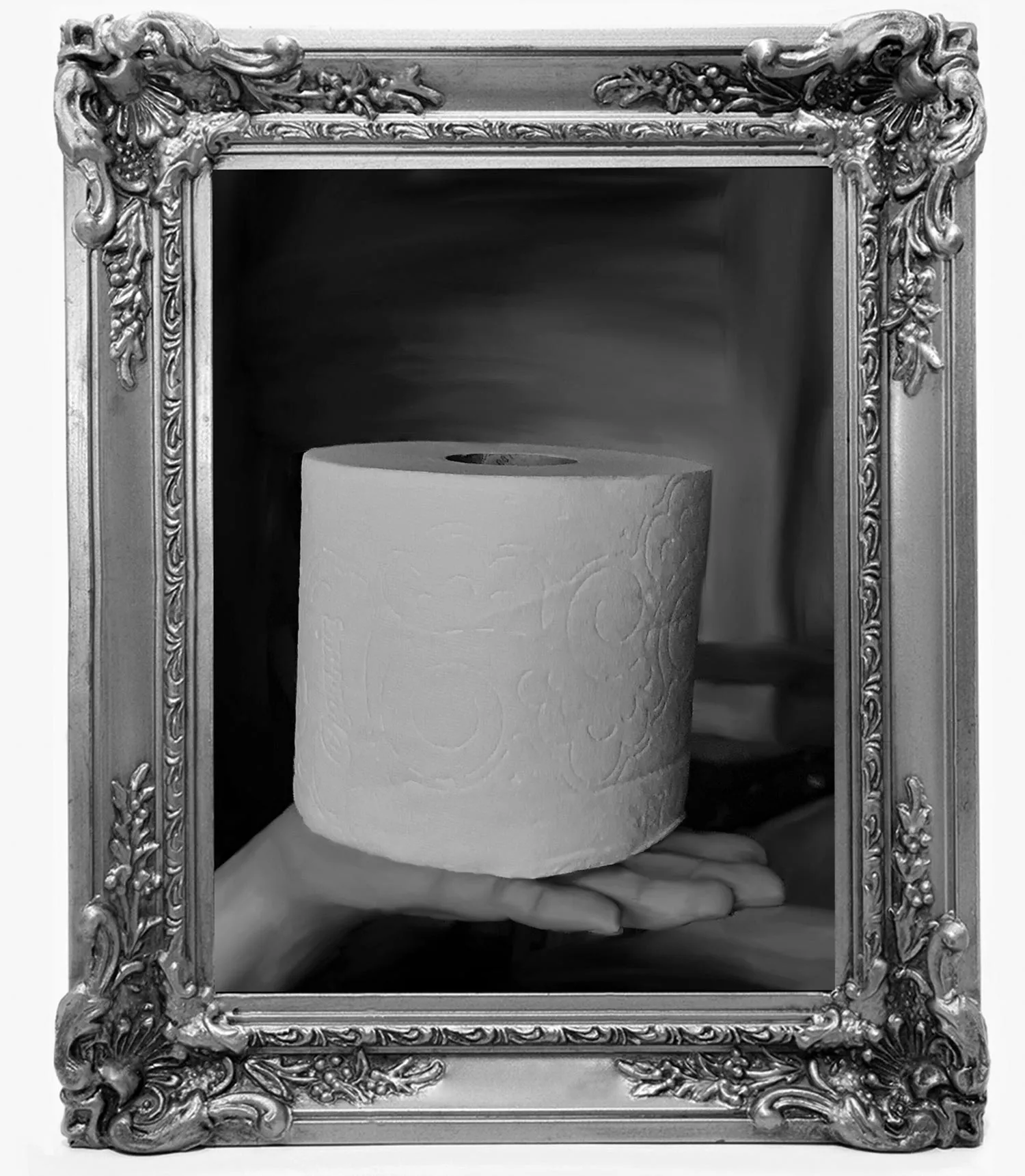A framed picture of toilet paper.