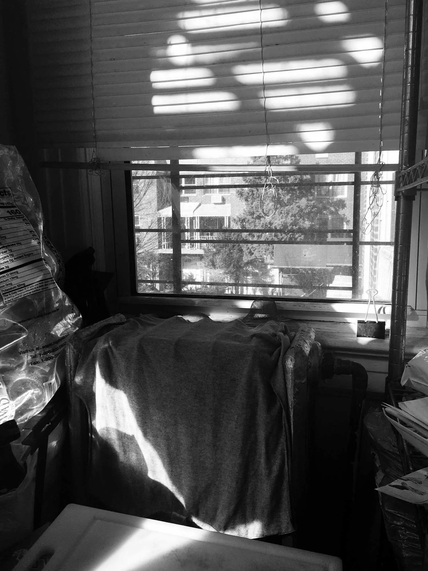 A half drawn curtain in a run down apartment, looking out onto the street. 